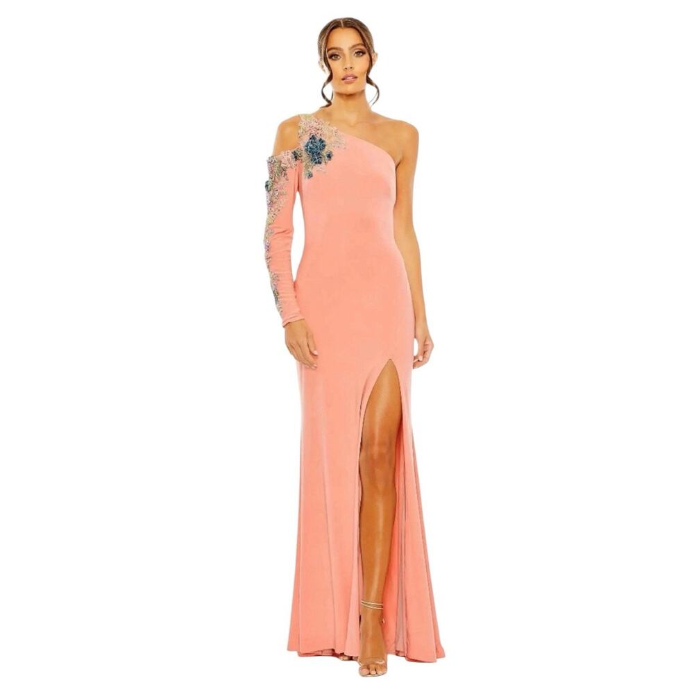 Mac Duggal 2204 Peach One Shoulder Sequins Embroidered Appliqué Gown Size 6 $598